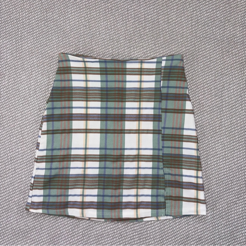 Originality White Green Tan Plaid Mini Skirt Sz Xs Bodycon Pencil Preppy